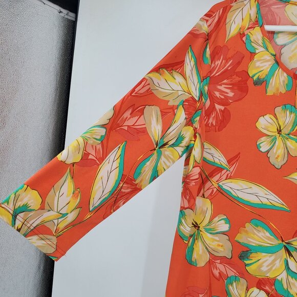 Susan Graver Asymmetrical Hem Coral Floral Flower Beachy Boho 3/4 Sleeve Shirt M - Picture 5 of 9